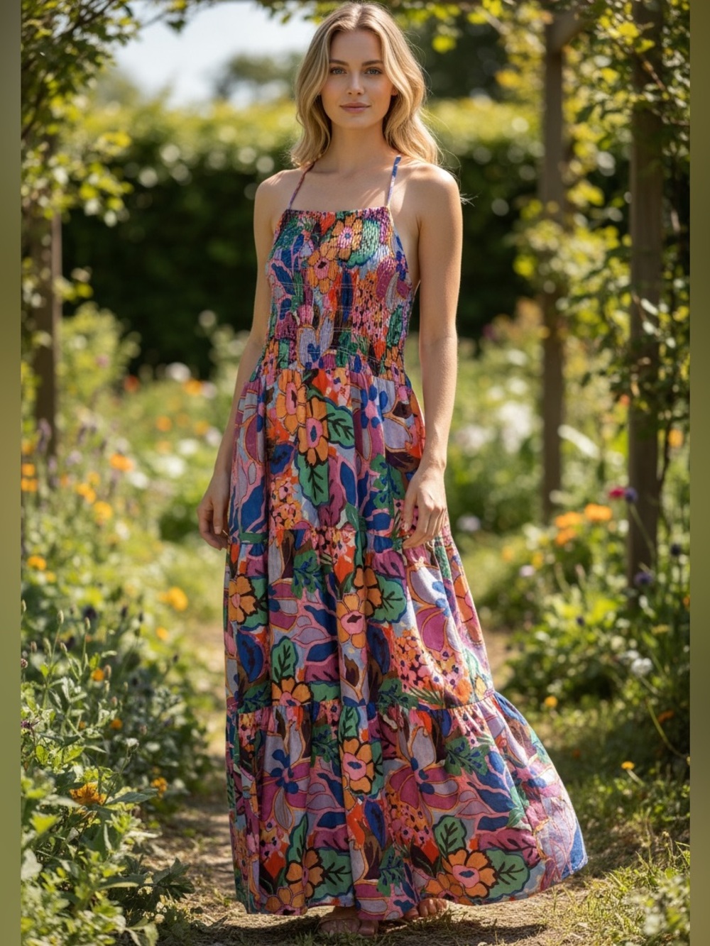 THML Colorful Vibrant Smocked Top Maxi Dress Size Medium